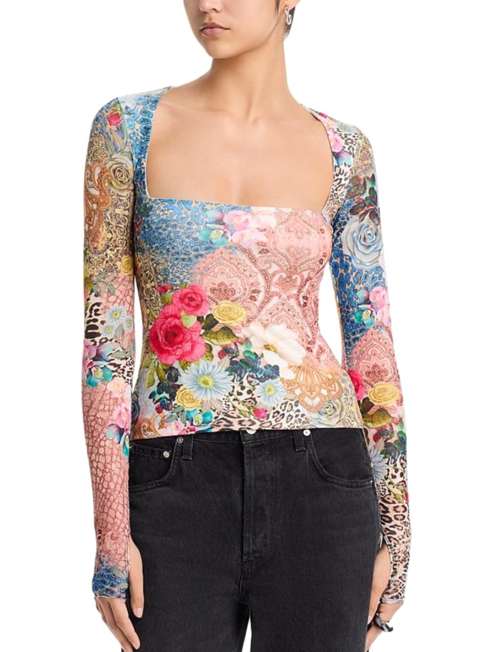 AFRM Multi Pattern Patchwork Square-Neck Long-Sleeve Mesh Top Maximalism